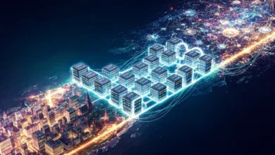 Abstract digital cityscape with glowing cubes representing data and connectivity.