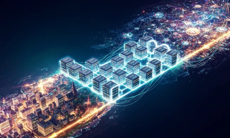 Abstract digital cityscape with glowing cubes representing data and connectivity.