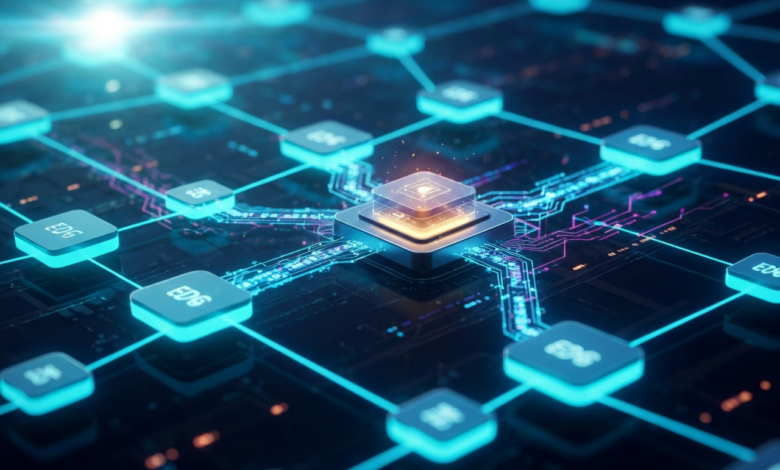 Abstract network with glowing nodes and central processor, blue and orange.