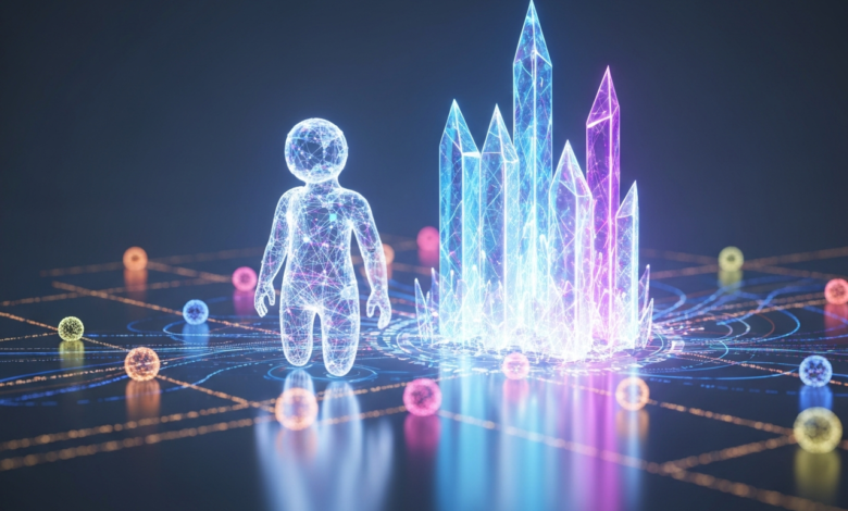 Glowing figure stands near crystal formation on a networked surface.