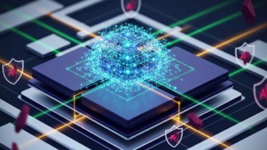 Abstract AI security concept with glowing sphere and shield icons.