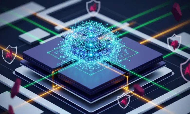 Abstract AI security concept with glowing sphere and shield icons.