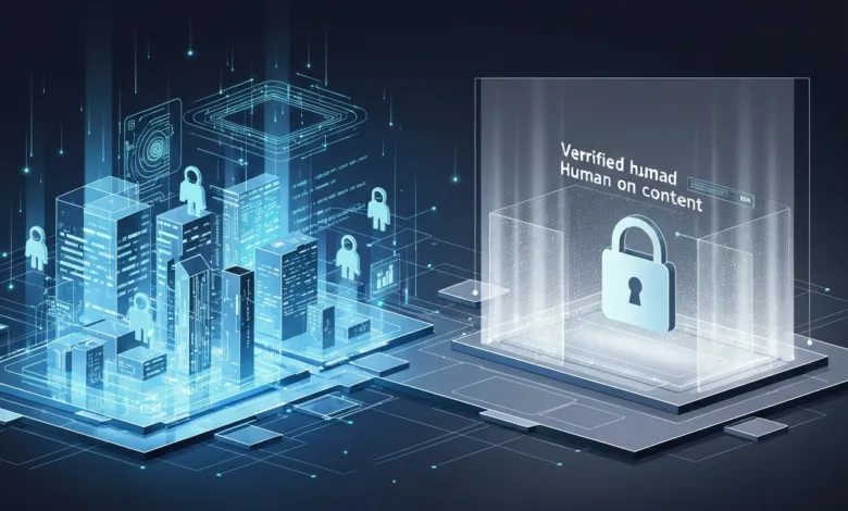 Digital cityscape with human icons and a padlock, representing secure human-verified content.