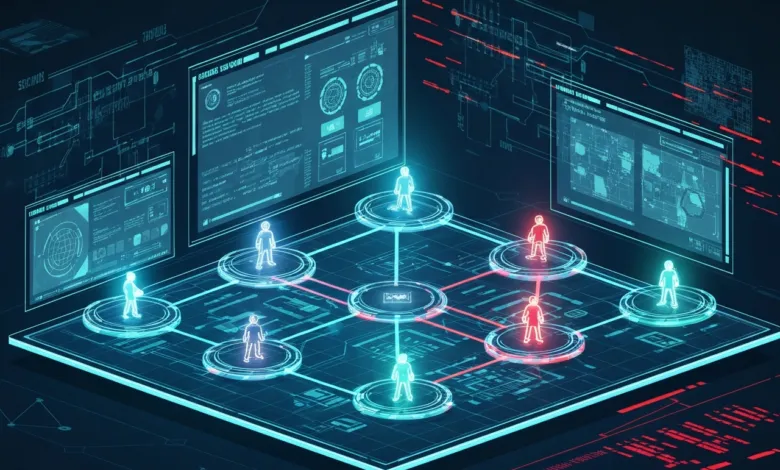 Network diagram with human figures connected by glowing lines and data screens.