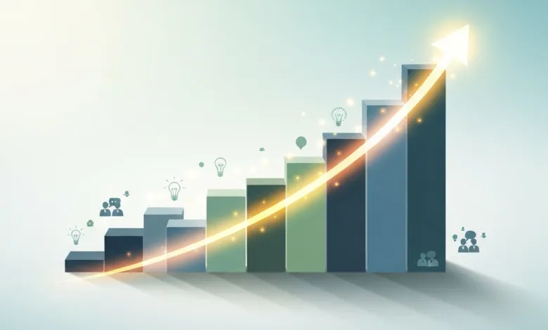 Rising bar graph with upward arrow, symbolizing growth and success.