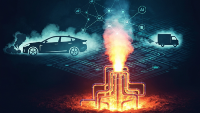 AI-powered vehicles and industry connected to a central energy source.