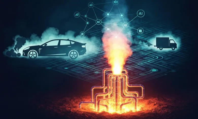 AI-powered vehicles and industry connected to a central energy source.