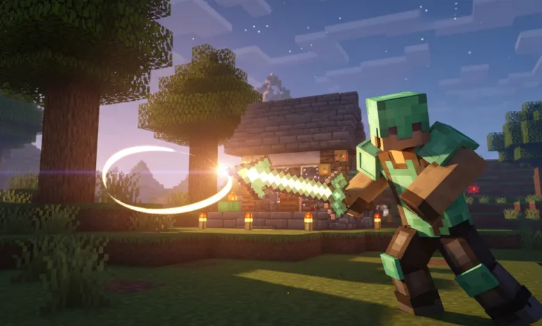 Minecraft character in armor wielding glowing sword near village.