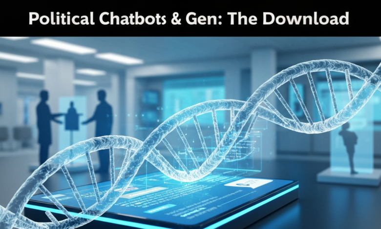 Political chatbots and genetics concept with DNA helix on a tablet.