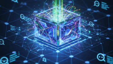 Glowing cube with colorful light beams and network connections.