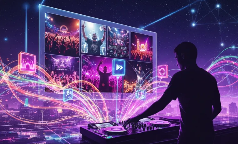 DJ mixing music with digital effects and concert visuals on a large screen.