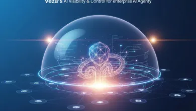 AI agent with glowing lines and data points under a protective dome.