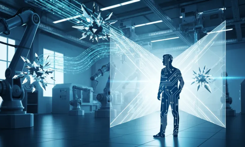 Human silhouette with circuit pattern in a futuristic factory setting.