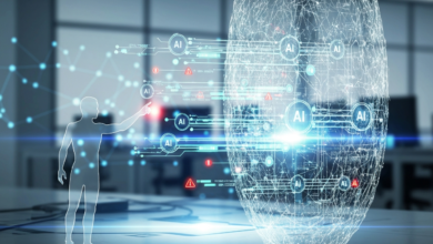 Abstract AI concept: human outline interacts with digital face, data points.