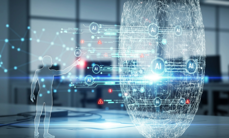 Abstract AI concept: human outline interacts with digital face, data points.