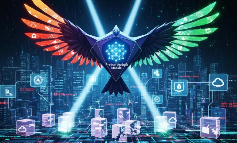 Abstract eagle with data icons over futuristic city, symbolizing product analysis.