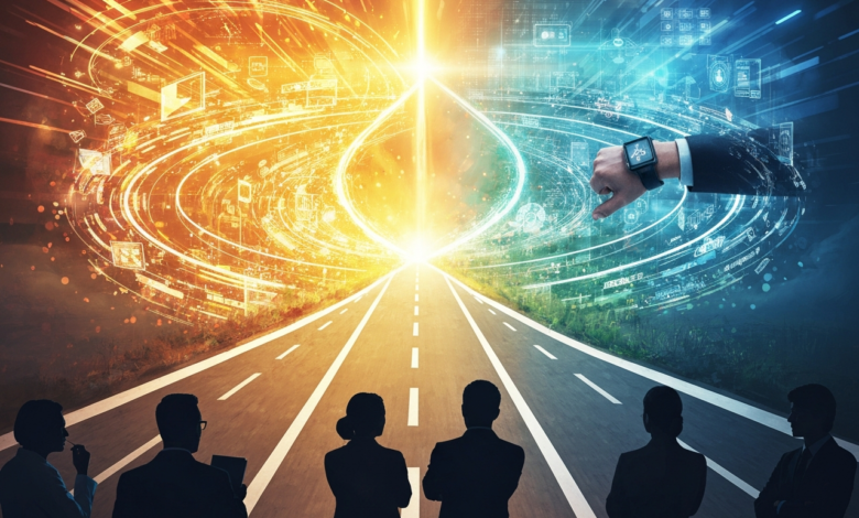 Silhouetted business team faces a road leading to a bright, digital future.