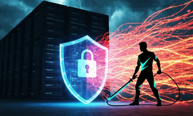 Data security concept with shield, server, and figure wielding a sword.