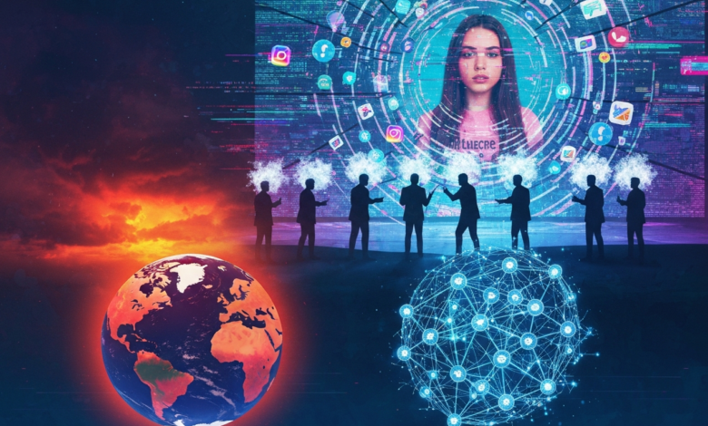 Abstract image of Earth, social media icons, and silhouetted figures.