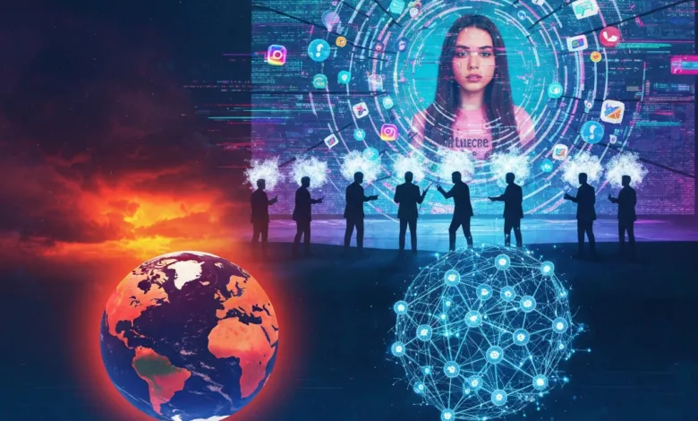 Abstract image of Earth, social media icons, and silhouetted figures.