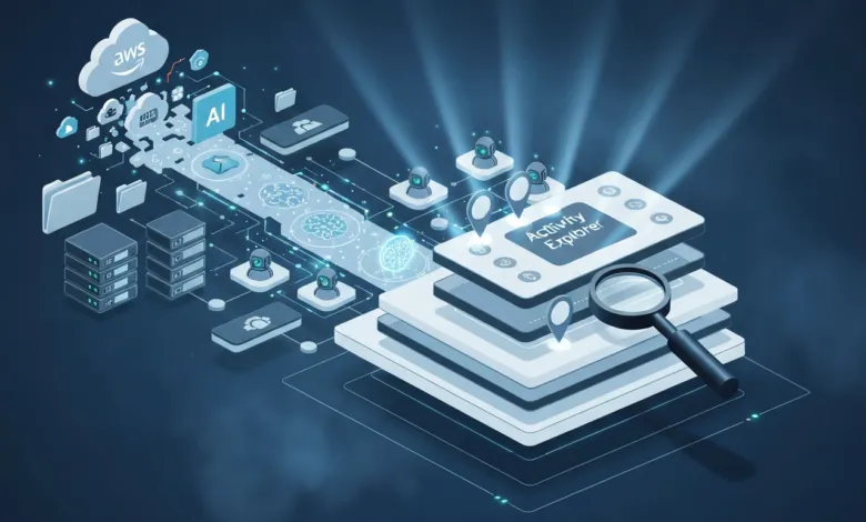 Isometric view of AI-powered activity explorer with AWS cloud integration.