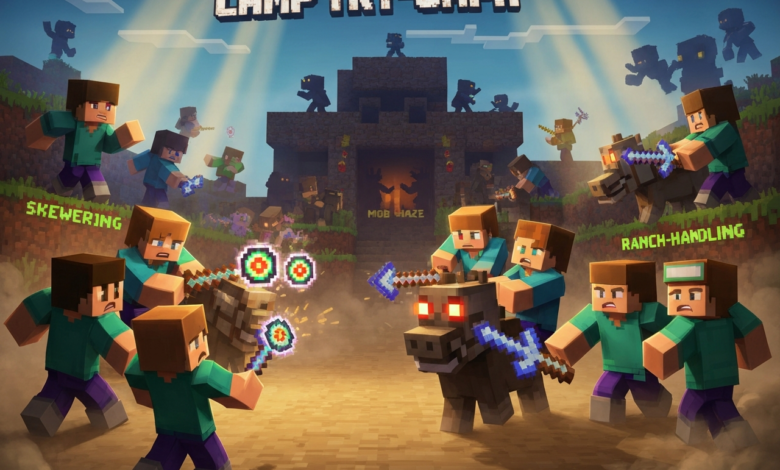 Minecraft Camp Try-Umph promotional image with Steve characters and mob haze.