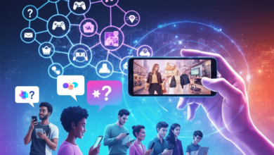 Diverse group uses devices connected by network of icons, showcasing online shopping.