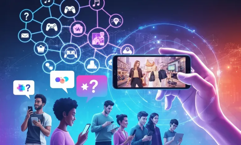 Diverse group uses devices connected by network of icons, showcasing online shopping.