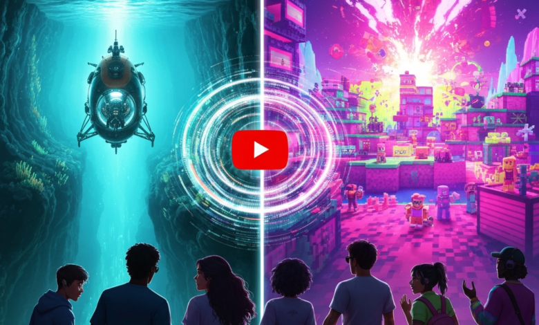 Split screen: submarine in ocean canyon vs. blocky city with people watching.