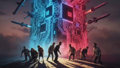 People face a towering structure resembling a circuit board under attack.