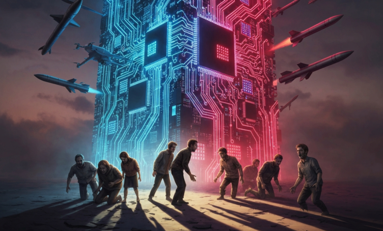 People face a towering structure resembling a circuit board under attack.