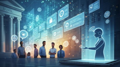 Diverse group interacts with AI hologram in front of bank building.