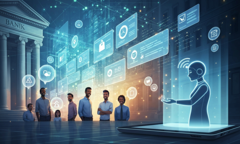 Diverse group interacts with AI hologram in front of bank building.