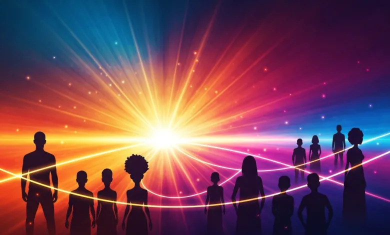 Silhouetted figures stand before a radiant, colorful light burst.