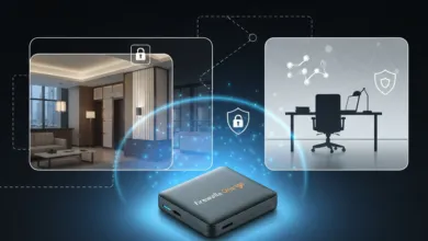 Firewalla Orange device protecting home and office networks with security features.
