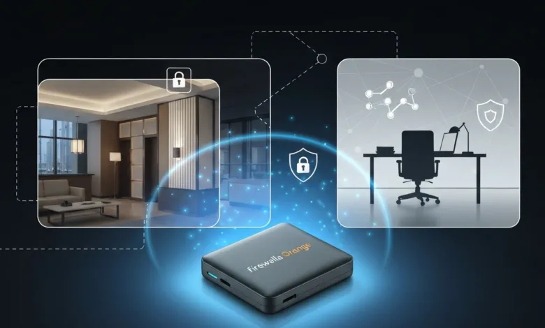 Firewalla Orange device protecting home and office networks with security features.