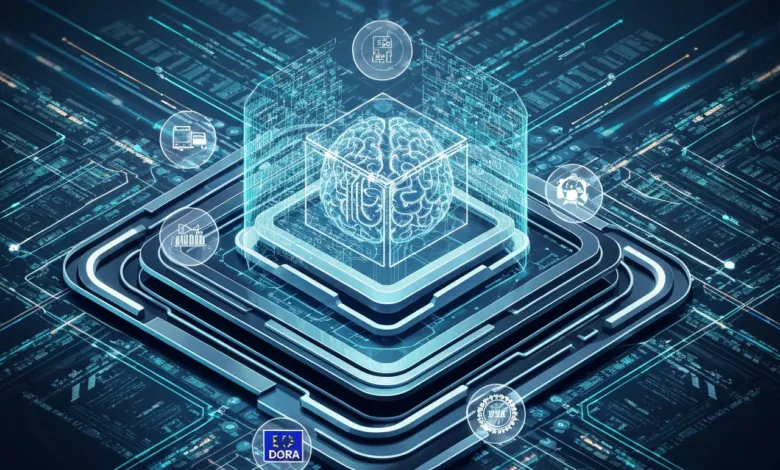 Abstract AI brain inside cube with digital data streams and icons.