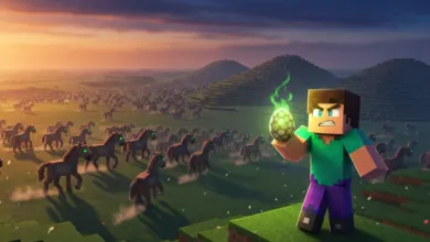Minecraft Steve holds glowing egg as zombie horses approach in grassy landscape.