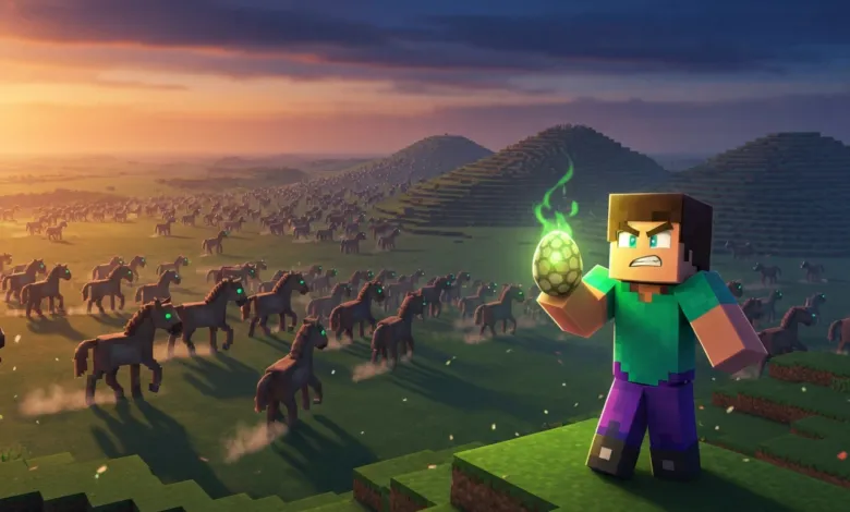 Minecraft Steve holds glowing egg as zombie horses approach in grassy landscape.