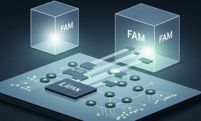 Isometric view of a circuit board with glowing components and 'FAM' cubes.