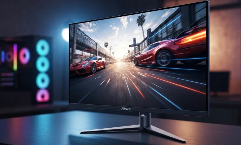 Curved gaming monitor displaying a high-speed car race scene.