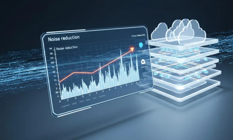 Futuristic display shows noise reduction graph with cloud computing layers.