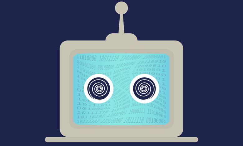 Cartoon robot face with binary code on screen and spiral eyes.