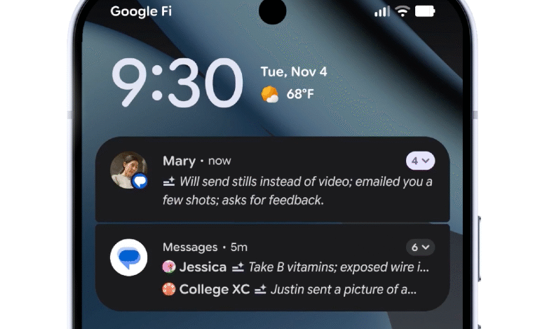 Smartphone screen displaying notification summaries from messages and other apps.