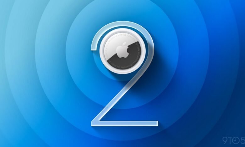 Apple AirTag 2 concept design with a blue gradient background.