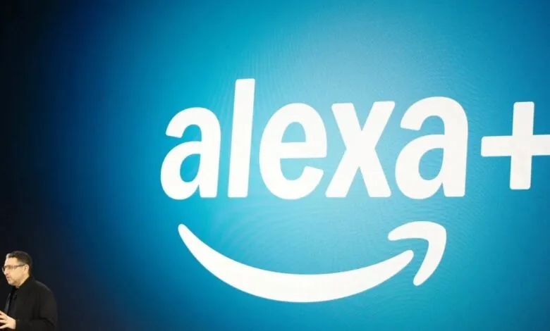 Alexa Plus logo on screen with presenter at bottom left.