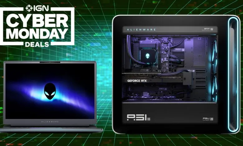 Alienware laptop and desktop PC showcase Cyber Monday deals with green grid background.