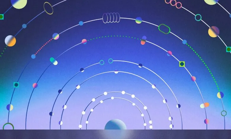 Abstract illustration of concentric arcs with colorful shapes on a gradient background.