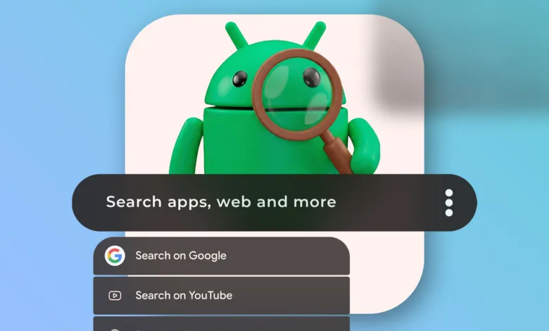 Android robot holding magnifying glass over search bar interface.