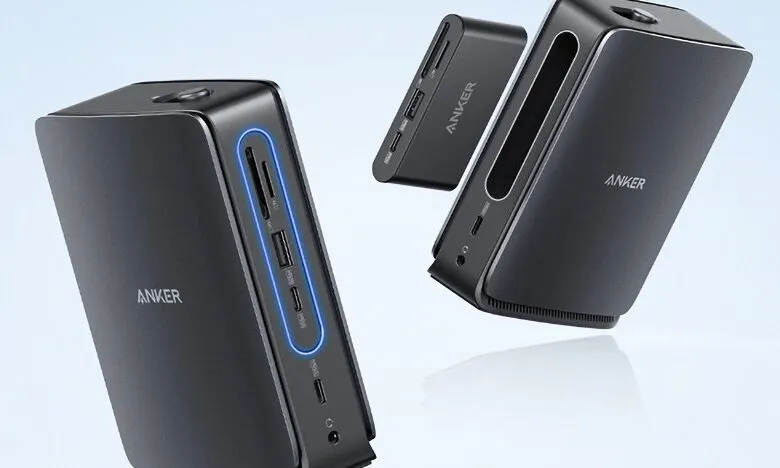 Anker docking station with multiple ports and sleek design.